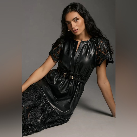 Anthropologie The Somerset Maxi Dress: Faux Leather Embroidered Edition Black S - Picture 2 of 15